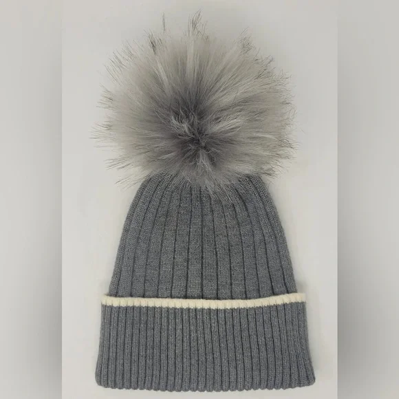 Kyi Kyi Faux Fur Pom Pom Knitted Beanie Hat Women's One Size Charcoal - Picture 3 of 8